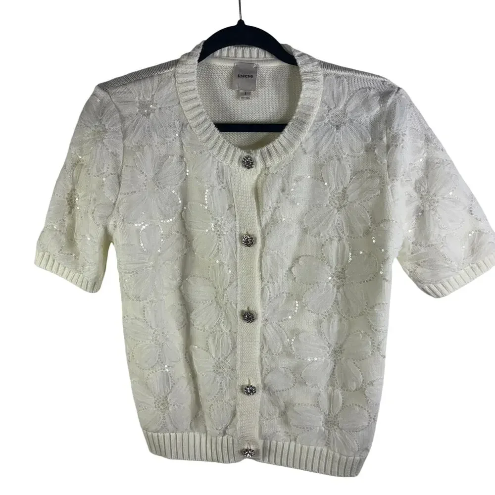 Maeve Anthropologie Ivory Floral Sequin Knit Cardigan Short Sleeve Small Sweater